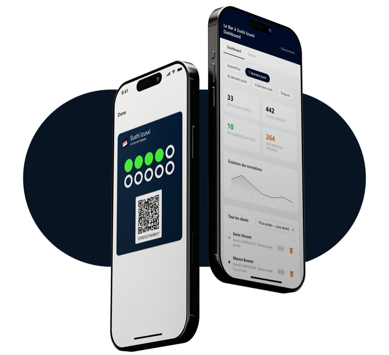 Caard sur deux iPhones : carte de fidélité et dashboard